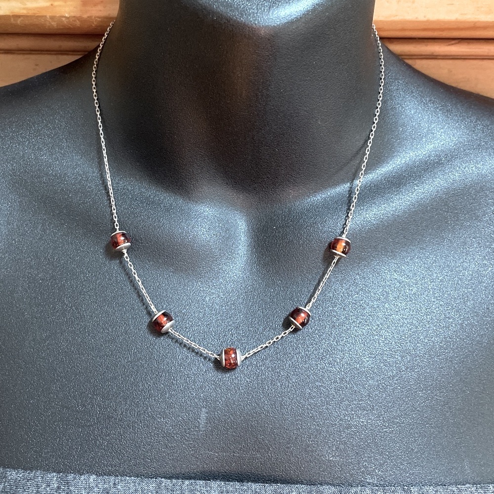 Vintage 925 Sterling Silver Honey Amber Bead Station Necklace